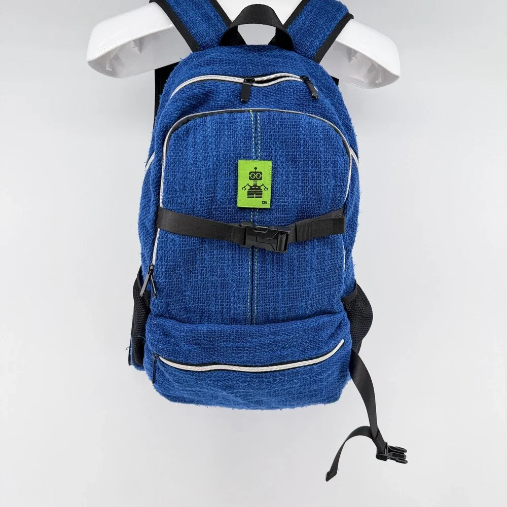 Dime Bags Hemp Blend Backpack Unisex Blue Boho Robot Patch Eco Friendly Bag